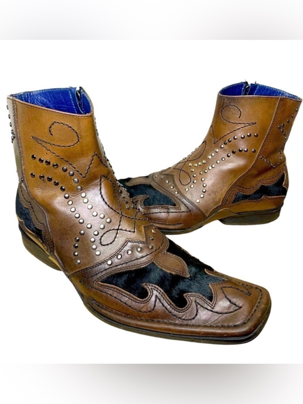 Mark Nason Italy Leather Brown Boots Sz 8 Pony Hair Stud Dragon Charm Square Toe